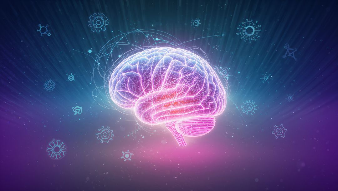 Futuristic Neon Brain Hologram with Digital Connections