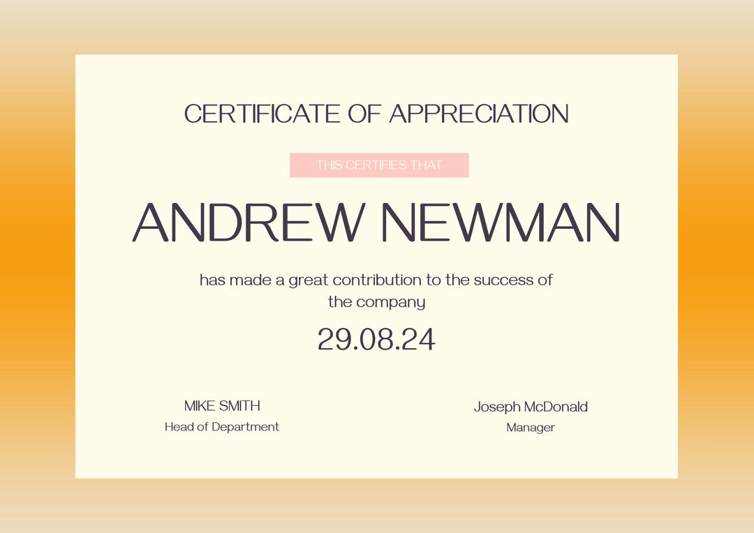 Professional Certificate of Appreciation for Company Recognition - Download Free Stock Templates Pikwizard.com