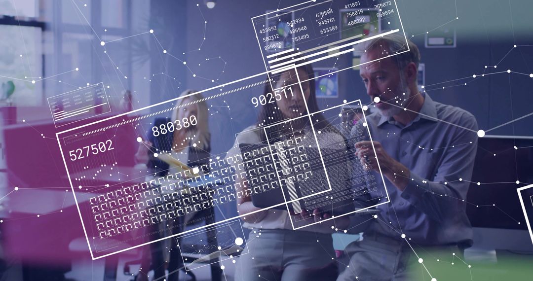 Futuristic Digital Collaboration: Business Team Analyzing Data on Glass Touch Interface