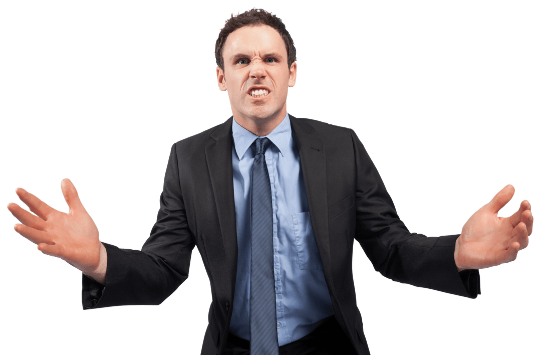 Transparent Angry Businessman Posing with Arms Outstretched in Suit