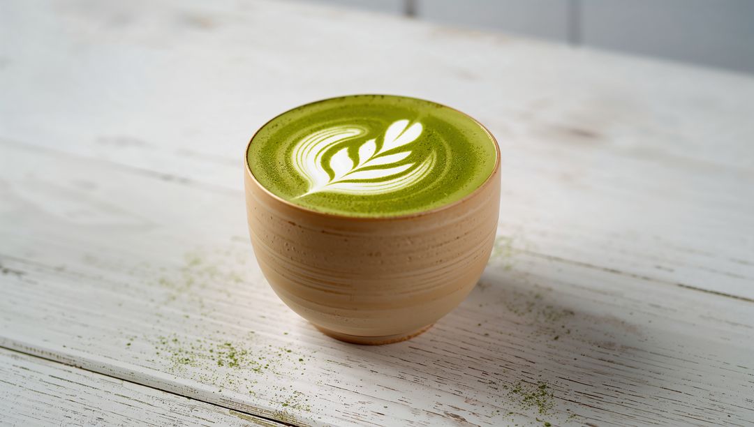 Ceramic Cup of Matcha Latte with Leaf Latte Art on Rustic White Wood Table, Minimalist