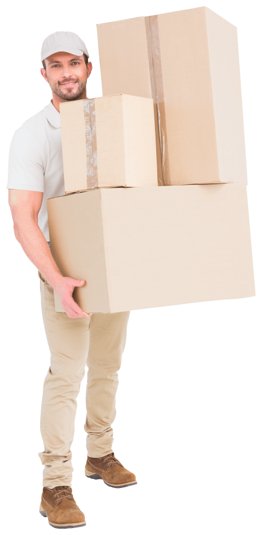 Transparent Delivery Man Carrying Cardboard Boxes Smiling