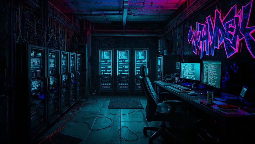 Cyberpunk Server Room with Neon Lights and Dual Computers