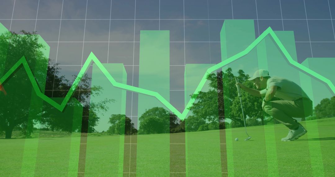 Golfer Analyzing Putt with Financial Data Visualization Overlay