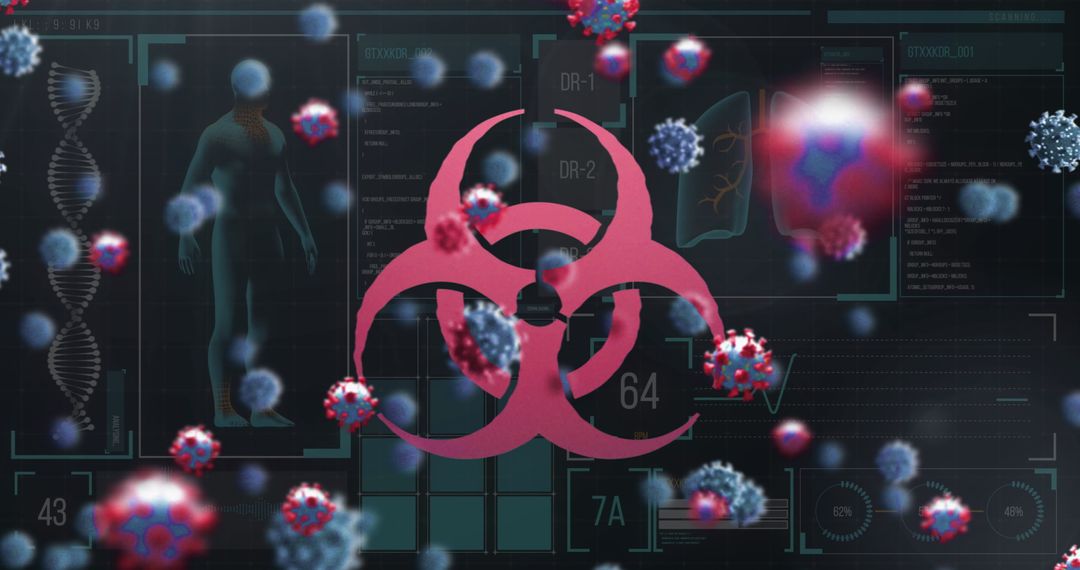 Floating Macro Covid-19 Cells with Red Virus Symbol