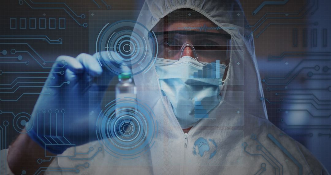 Masked Doctor Holding Vaccine with Futuristic Digital Interface