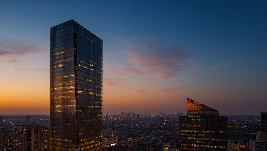 Glass Tower Glowing at Dusk Over Expansive Urban Skyline with Reflective Facade