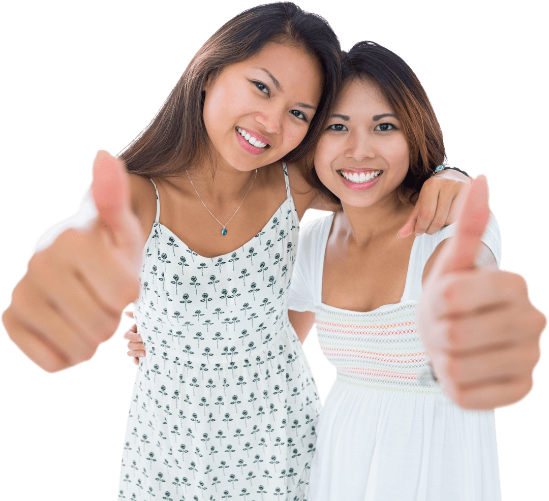 Smiling Asian Women Giving Thumbs Up on Transparent Background