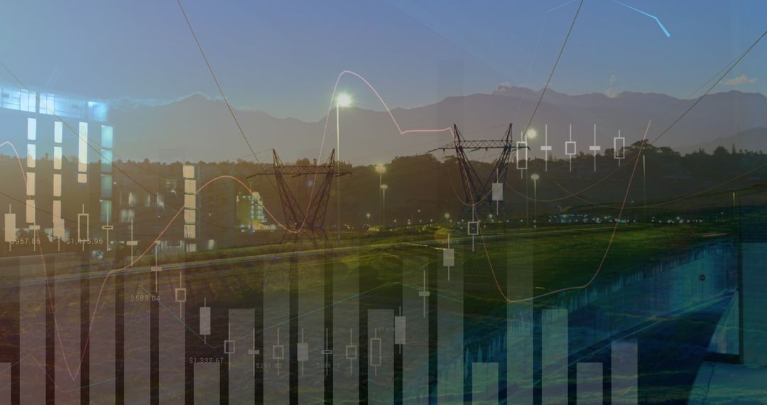 Financial Graphs Overlaid on Scenic Highway at Dusk