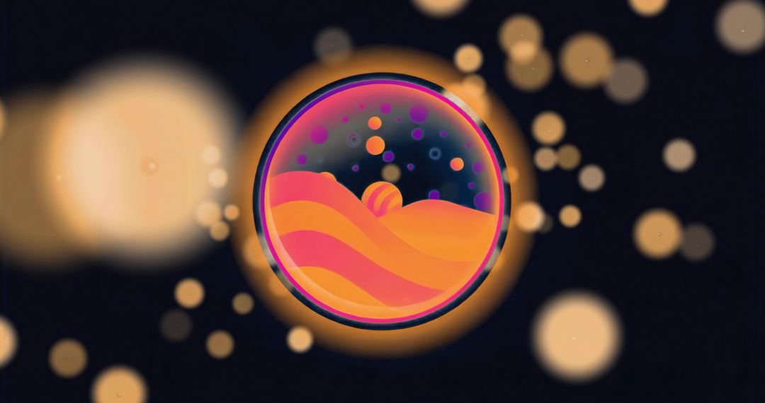 Neon Orb with Layered Orange Dunes and Floating Orbs, Futuristic Cosmic Abstract Art