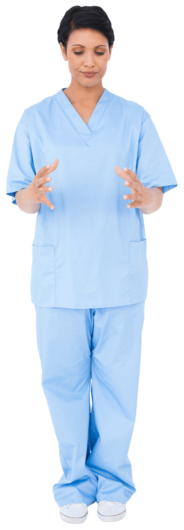 Transparent Background Nurse in Blue Scrubs Focused Gesture