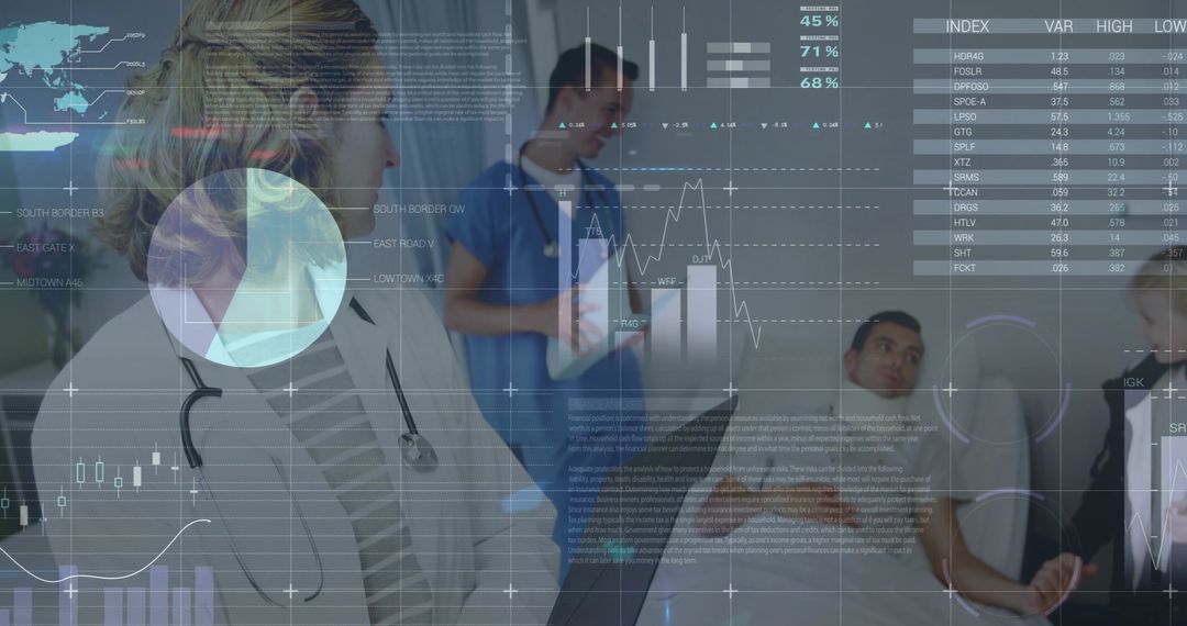 Doctor Analyzing Digital Data Overlaid with Medical Charts in Hospital Setting