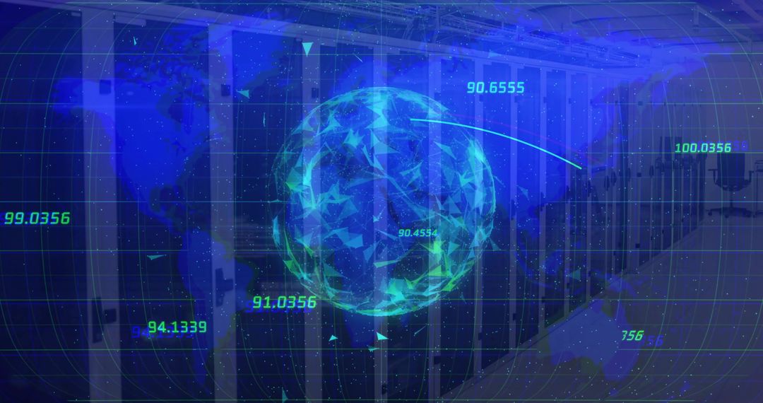 Holographic Globe Over Data Center with Numerical Overlay