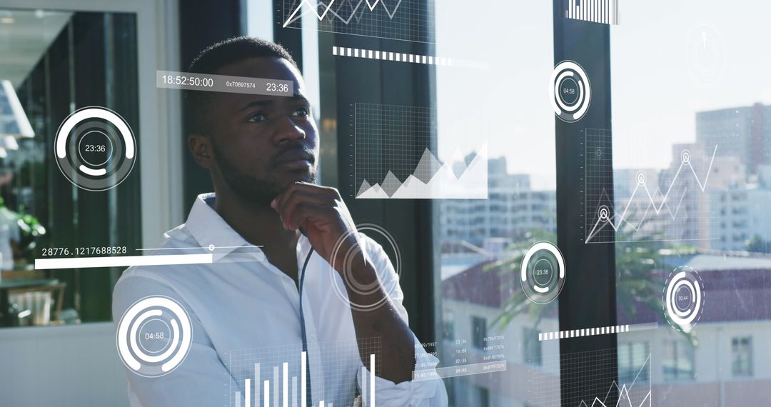 Thoughtful Businessman Analyzing Digital Data Visualizations