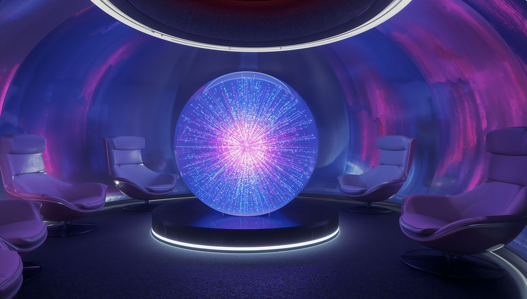 Futuristic Pod with Illuminated Orb and Sleek Chairs