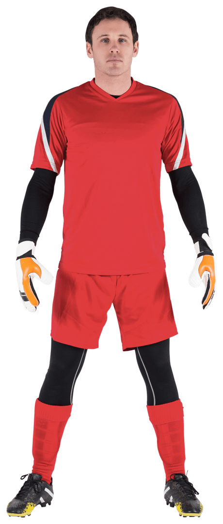 Transparent Football Goalkeeper in Red Uniform Posing Confidently