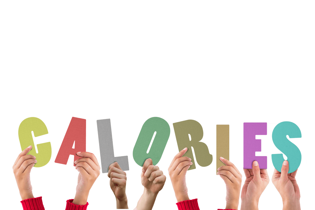 Hands Holding CALORIES Letters on Transparent Background