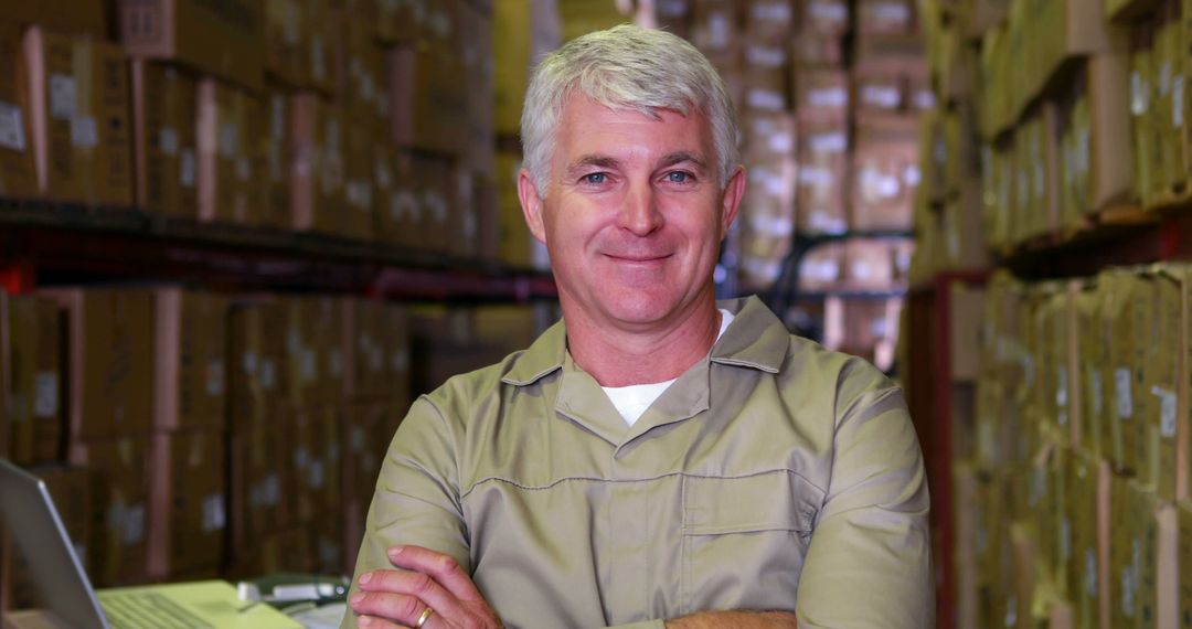 Middle-aged Warehouse Worker Smiling Among Shelves of Boxes - Free Images, Stock Photos and Pictures on Pikwizard.com