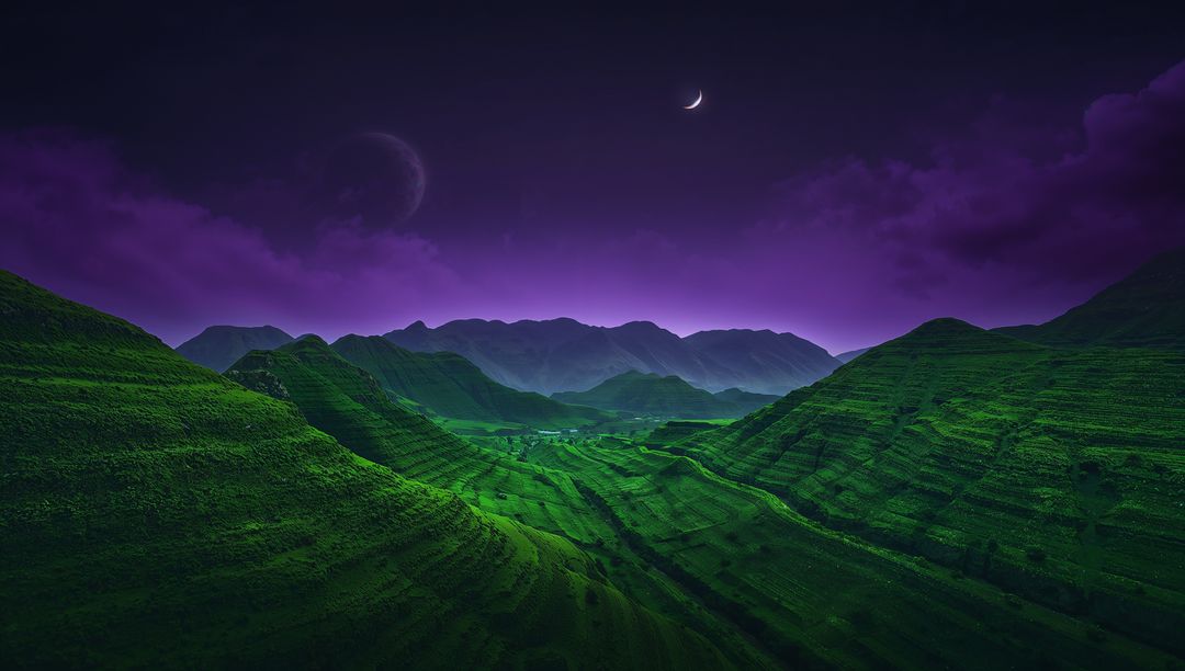 Enchanting Terraced Valley Under Crescent Moon