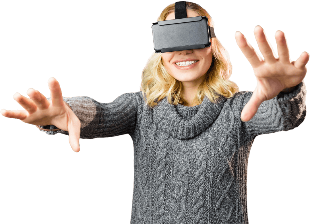 Cheerful Woman Experiencing Virtual Reality with Transparent Background