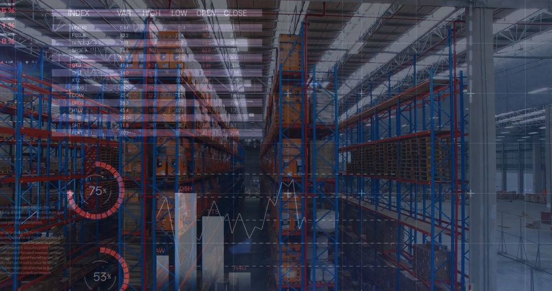 Digital Financial Graphs Overlaying Modern Warehouse Interior
