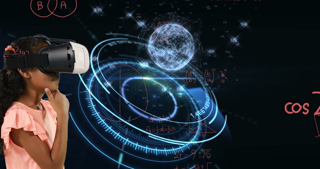 Schoolgirl Using VR Goggles Exploring Math Concepts