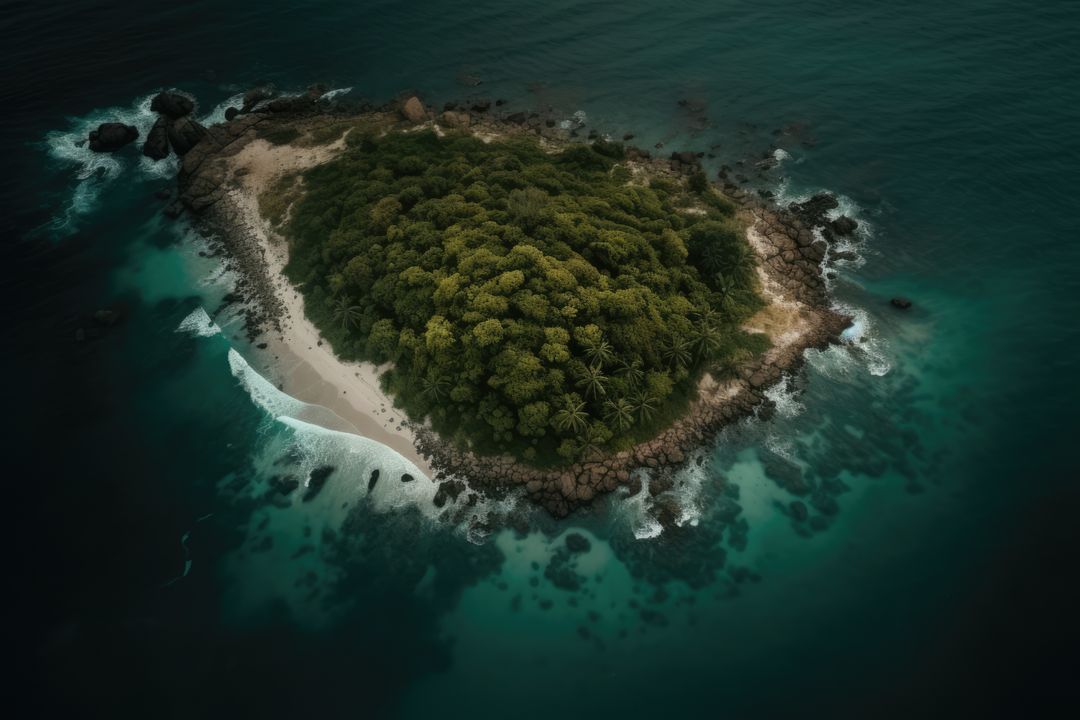 Aerial view of island in sea, with sand, rocks and trees, created using generative ai technology - Free Images, Stock Photos and Pictures on Pikwizard.com