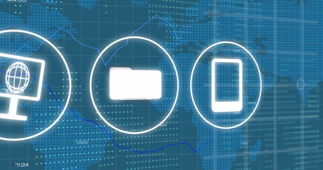 Digital Interface with Data Icons Over World Map Background