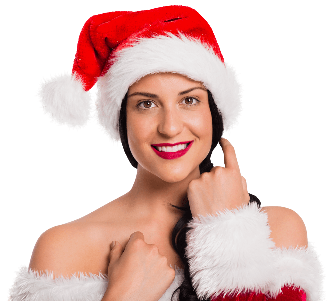 Smiling Woman in Santa Hat Isolated on Transparent Background