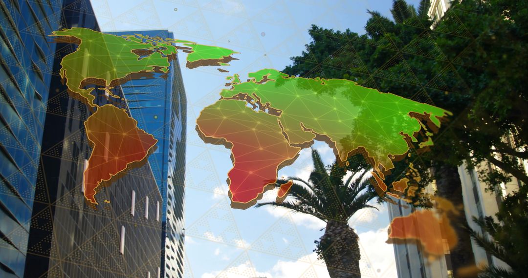 Global Connections Overlay on Modern Urban Skyline