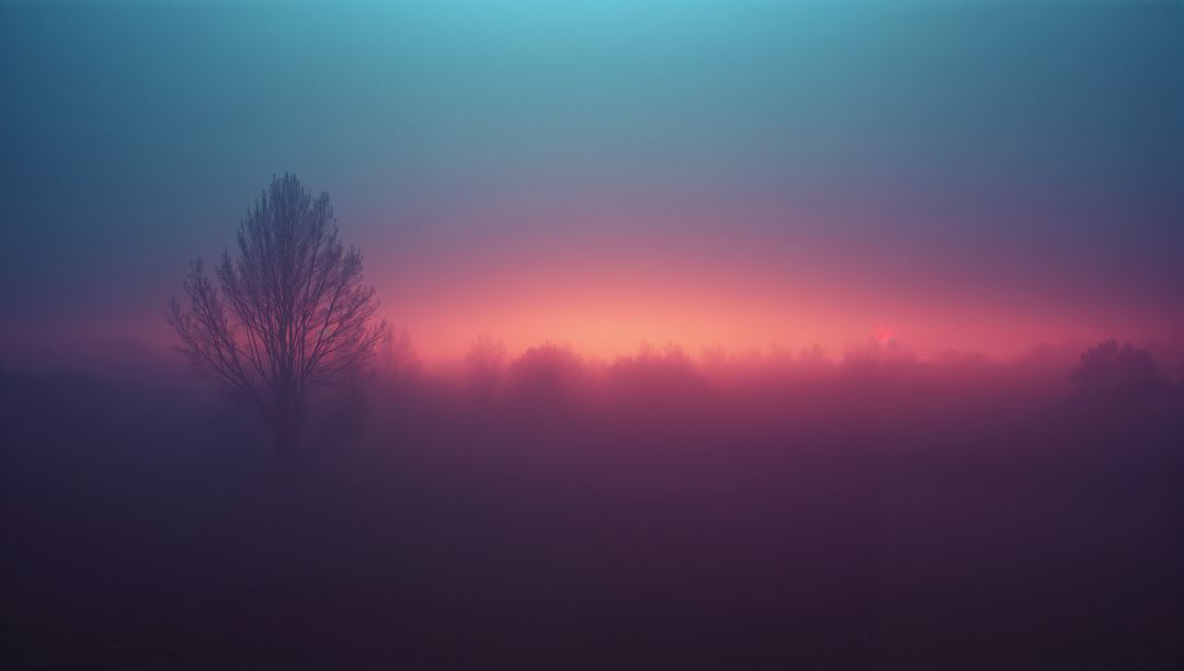 Foggy Dawn with Solitary Tree Silhouette Against Colorful Sky