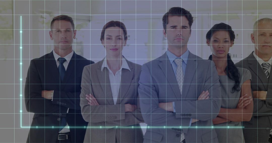 Confident executive team standing with arms crossed and data visualization overlay