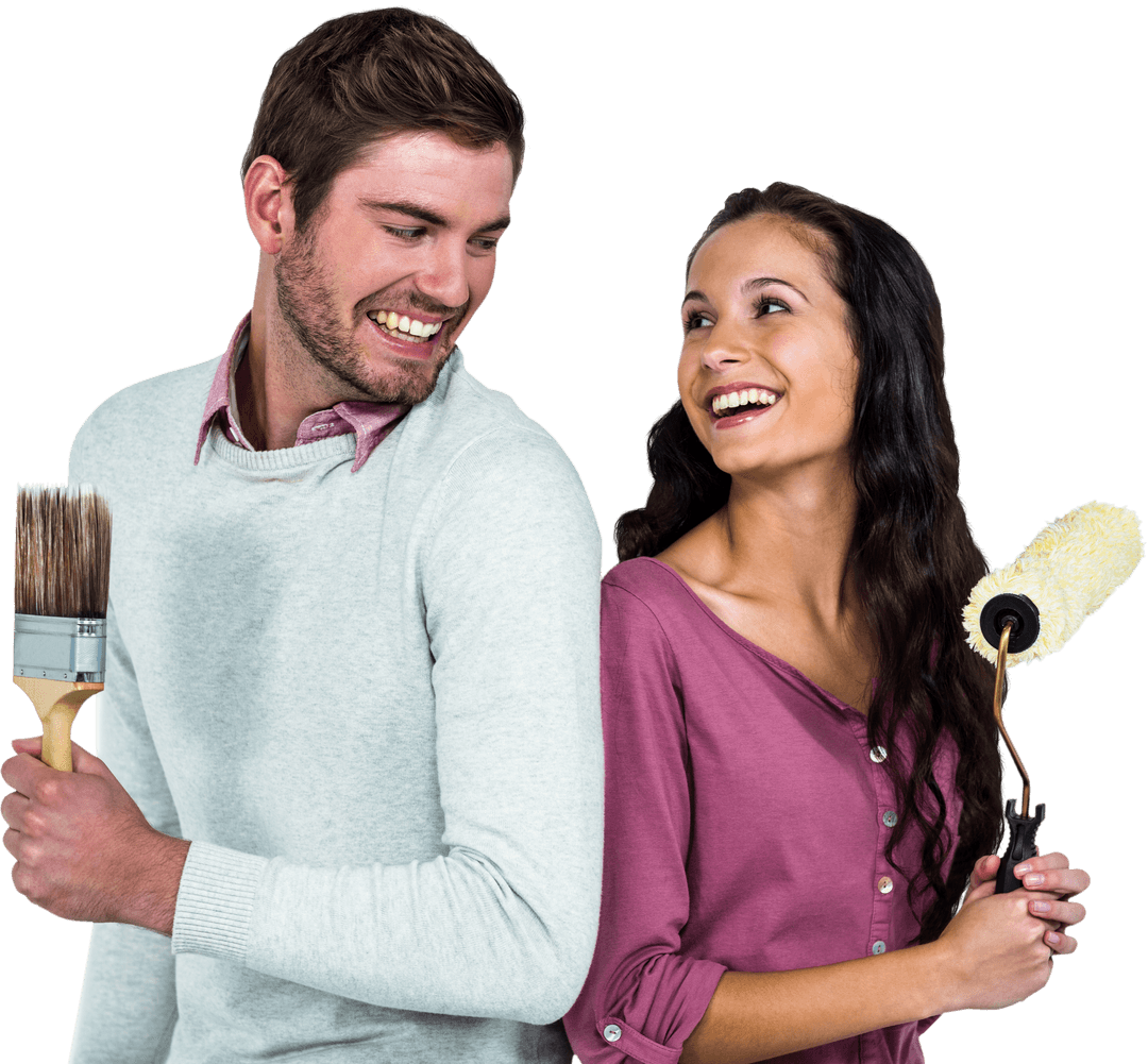 Smiling Couple Holding Brushes for Creative Home Improvement on Transparent Background