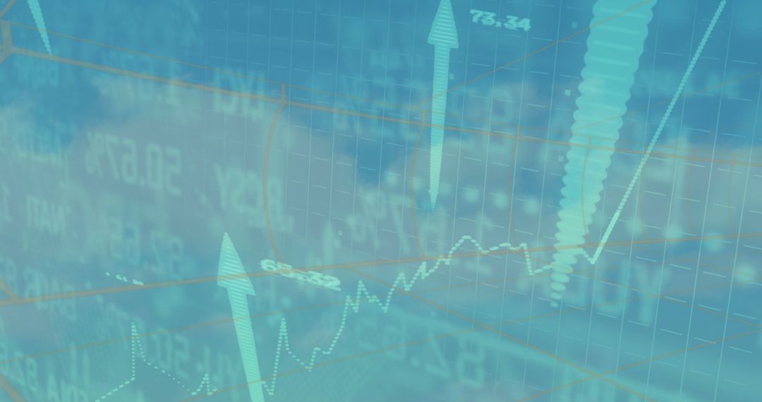Dynamic Stock Market Chart with Trend Arrows Over Cityscape