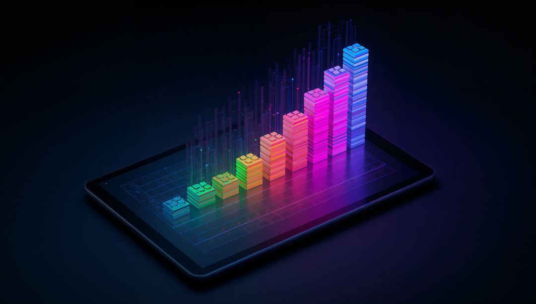 Futuristic Neon 3D Bar Chart Emerging from Tablet