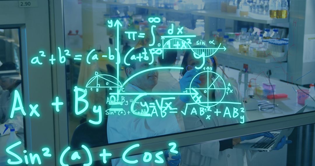 Scientists Conducting Research in Modern Laboratory with Mathematical Equations Overlay - Free Images, Stock Photos and Pictures on Pikwizard.com