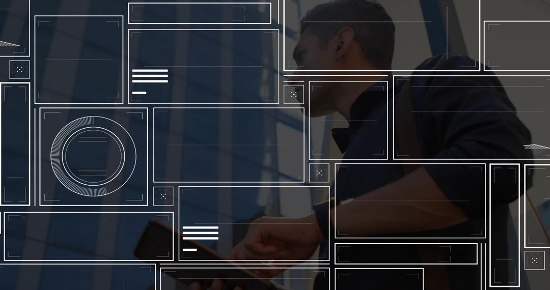 Businessman using mobile device with HUD overlays over glass office tower in city skyline