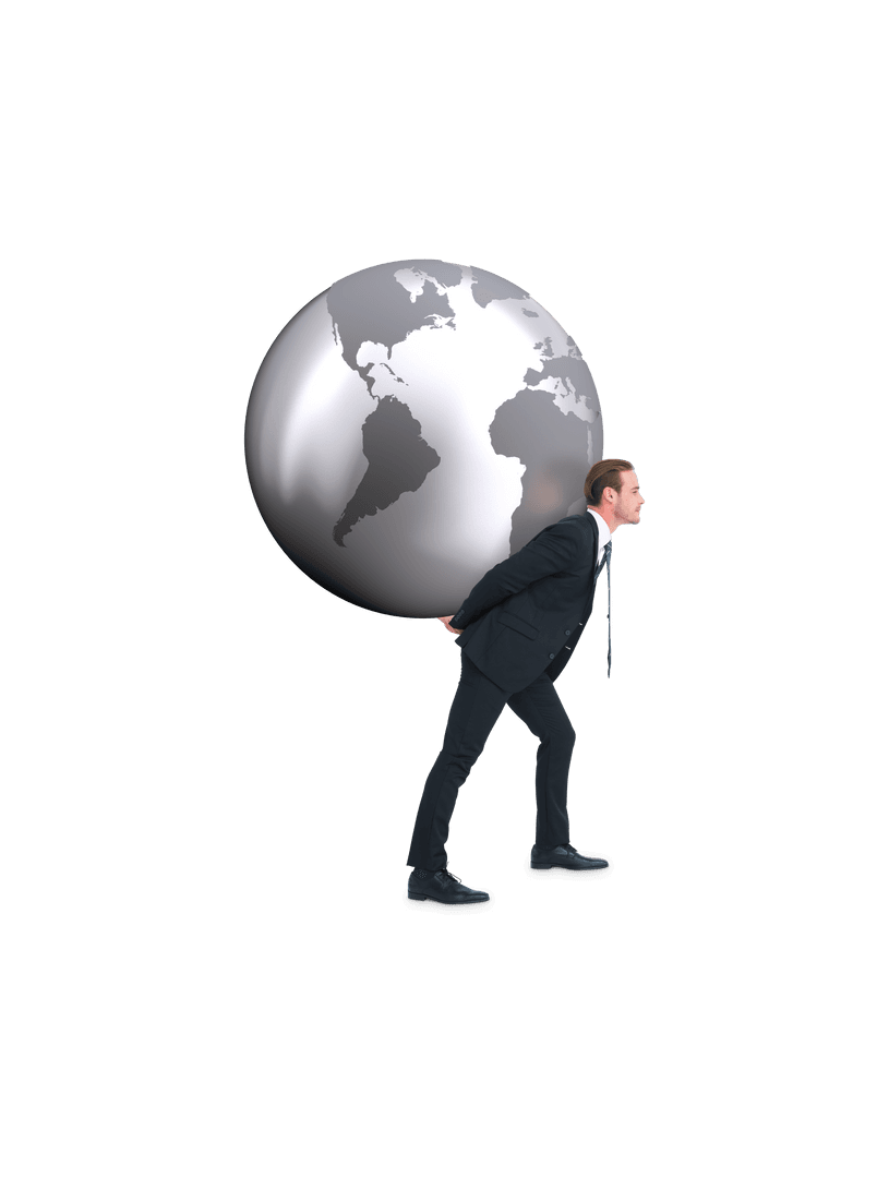 Caucasian Businessman Carrying Metallic Globe on Transparent Background