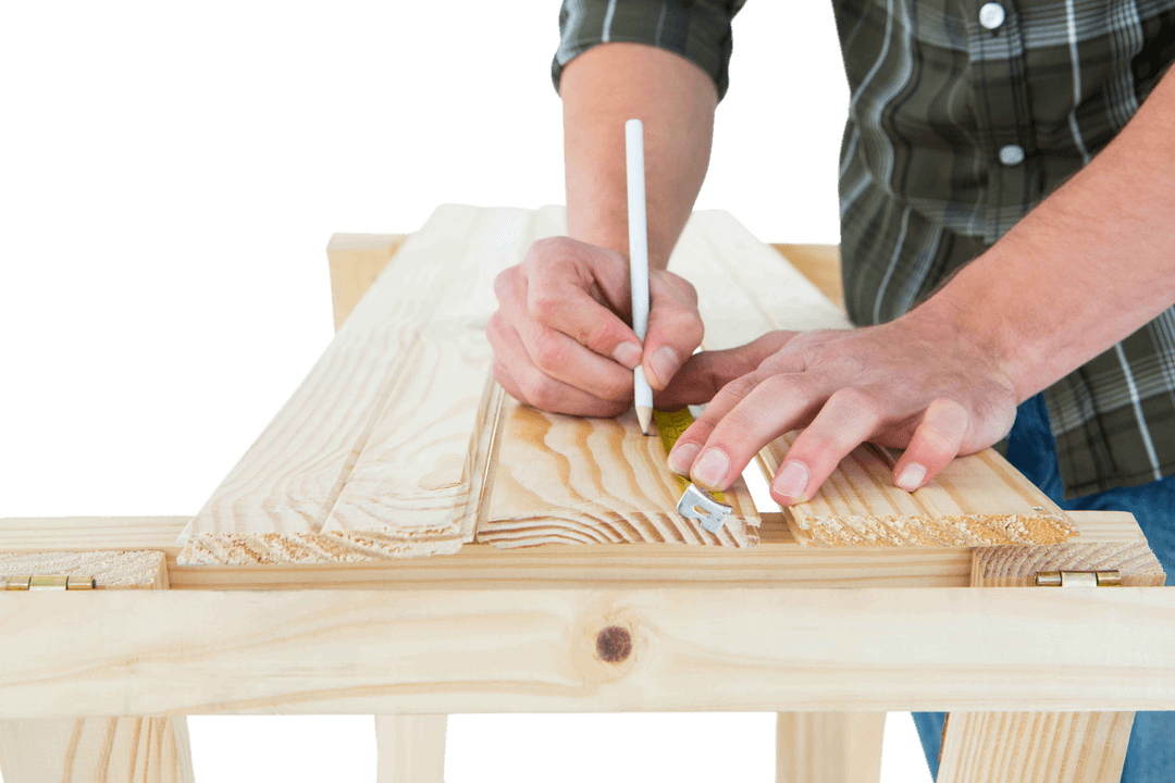 Carpenter Measuring Wooden Plank on Transparent Background