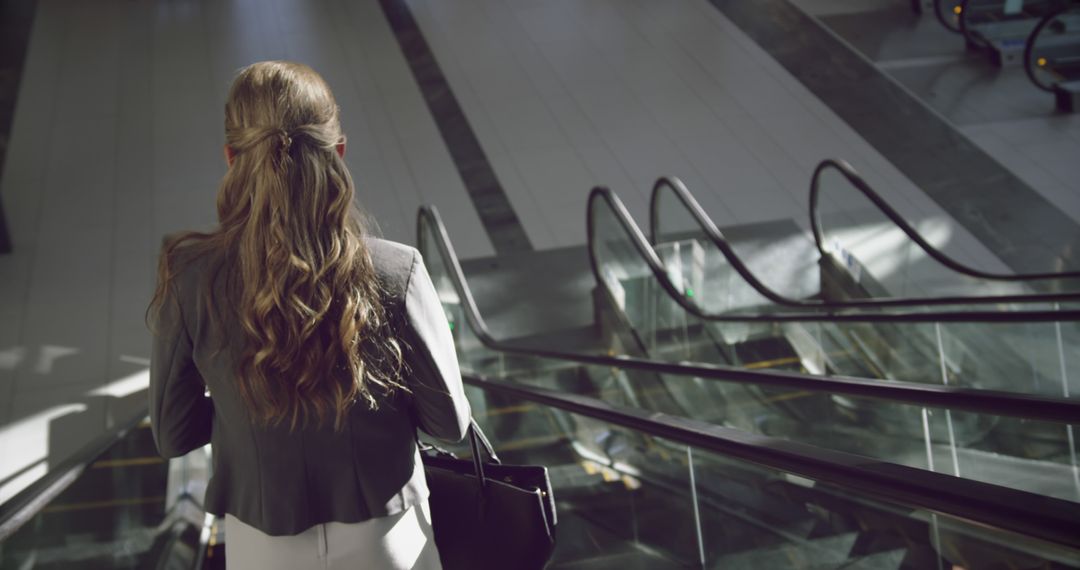 Businesswoman Commutes on Escalator During Office Hours - Free Images, Stock Photos and Pictures on Pikwizard.com