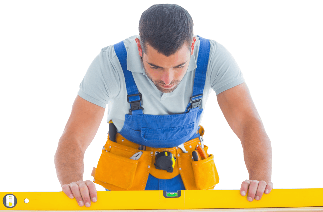 Focused Male Construction Worker Measuring on Transparent Background