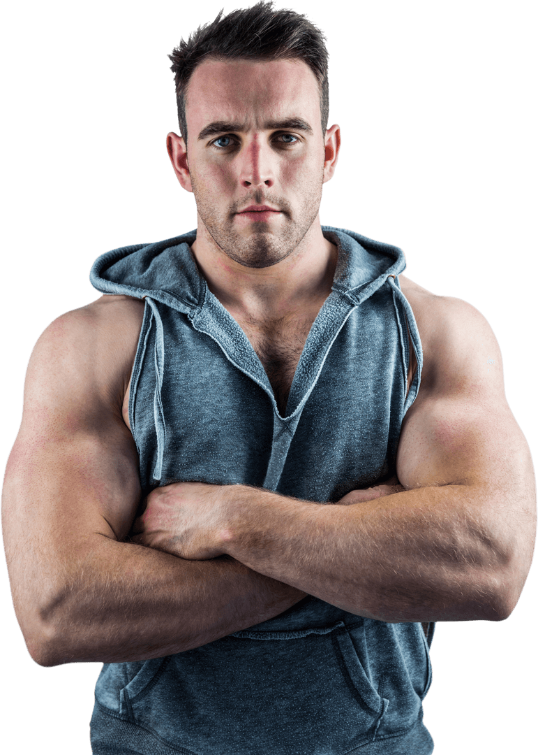 Confident Bodybuilder in Sleeveless Hoodie Transparent Background