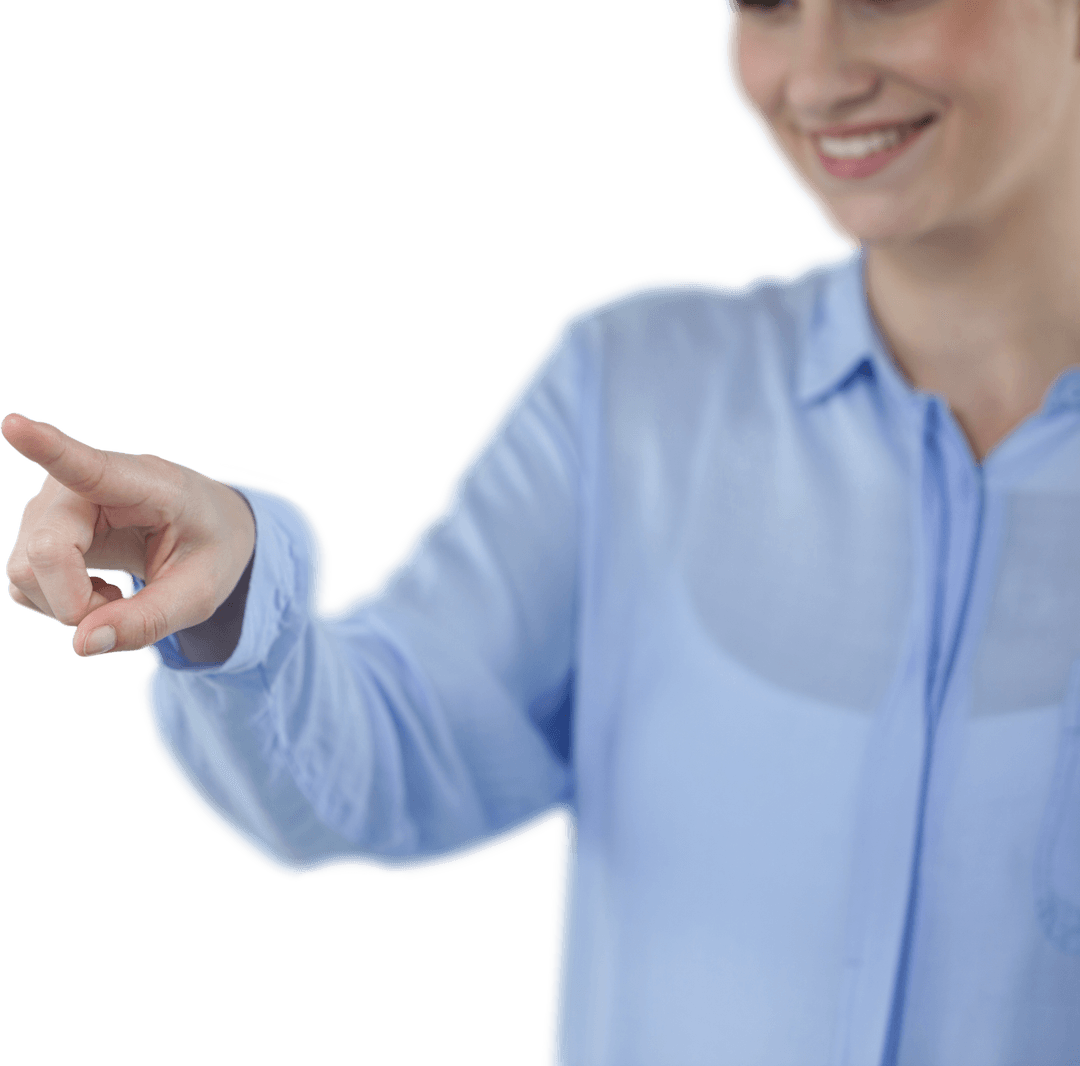 Smiling Woman Touching Transparent Virtual Interface