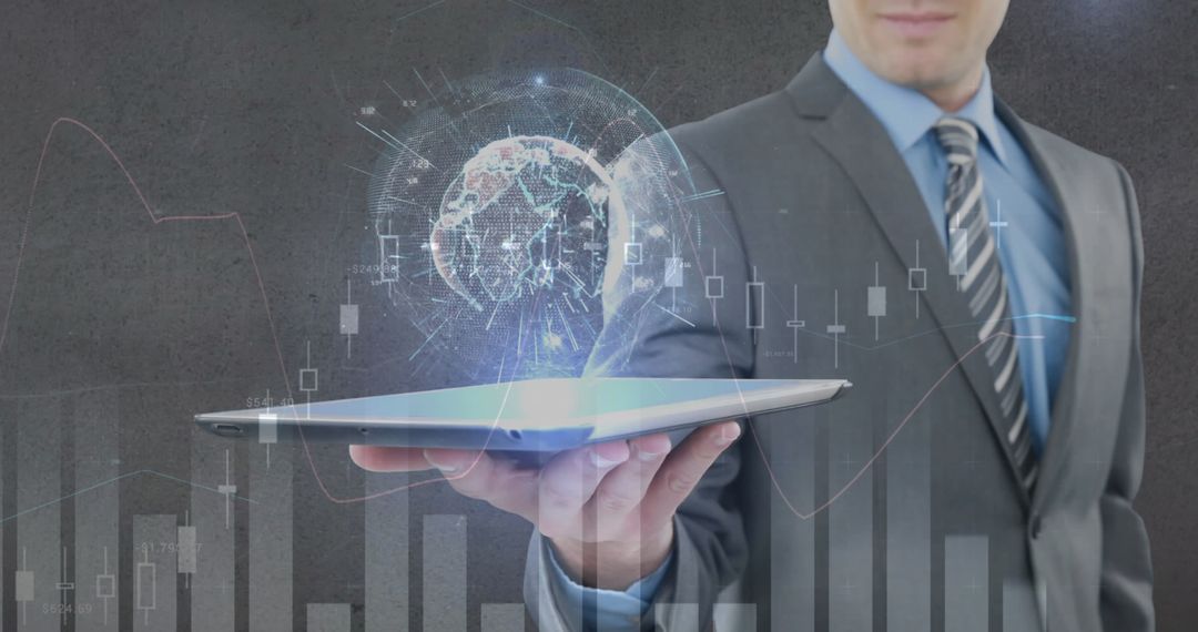 Businessman with Digital Global Finance Interface on Tablet