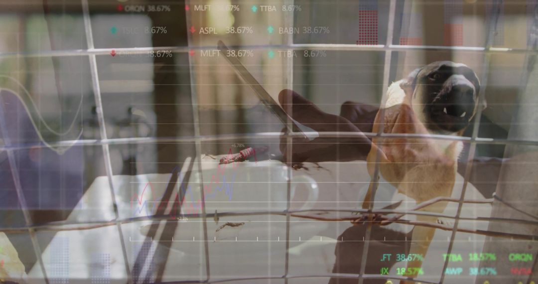 Wary passerine perching on wire mesh above cluttered desk with reflected stock charts