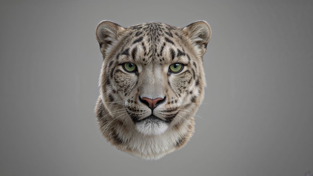 Snow Leopard Head with Striking Green Eyes Showcased on Neutral Background