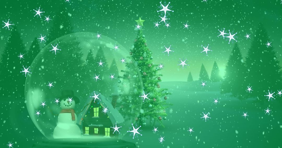 Festive Snow Globe with Snowman and Christmas Tree Against Green Sky