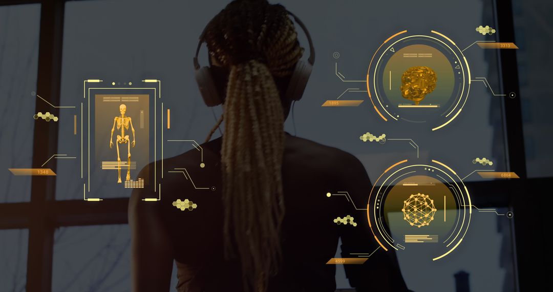 Digital Data Overlay on Woman Exercising in Futuristic Gym Environment