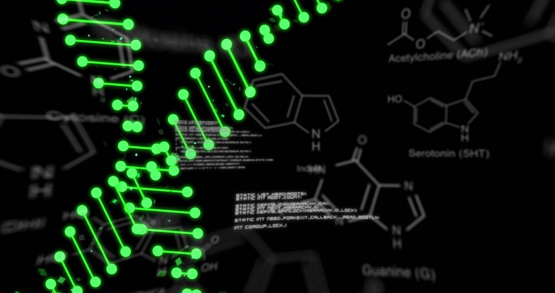 DNA Strands with Data and Chemical Formulas on Black Background