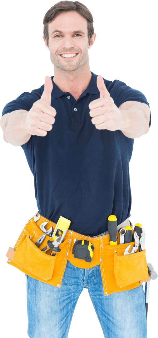 Confident Man with Tool Belt Showing Thumbs Up Sign Transparent